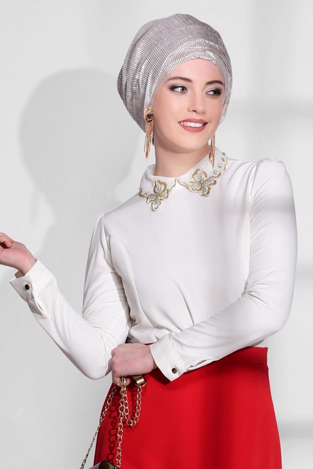 Tesettür giyim  YAKASI İŞLEMELİ BLUZ 9507  - TRENDTESETTÜR