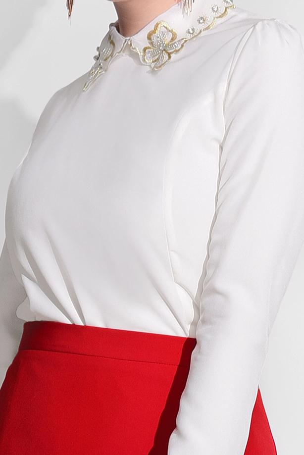 Tesettür giyim  YAKASI İŞLEMELİ BLUZ 9507  - TRENDTESETTÜR