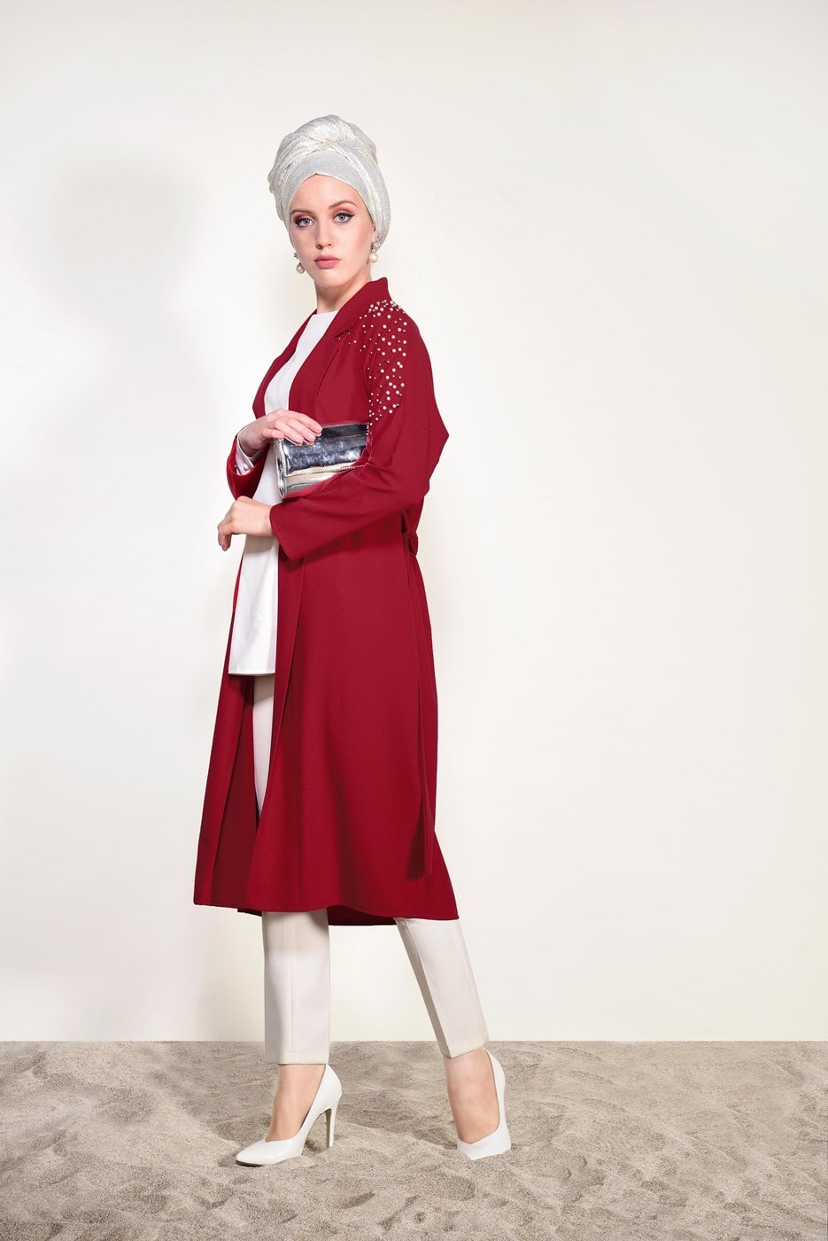 Tesettür giyim KIRMIZI BONCUK İŞLEMELİ CEKET 24751