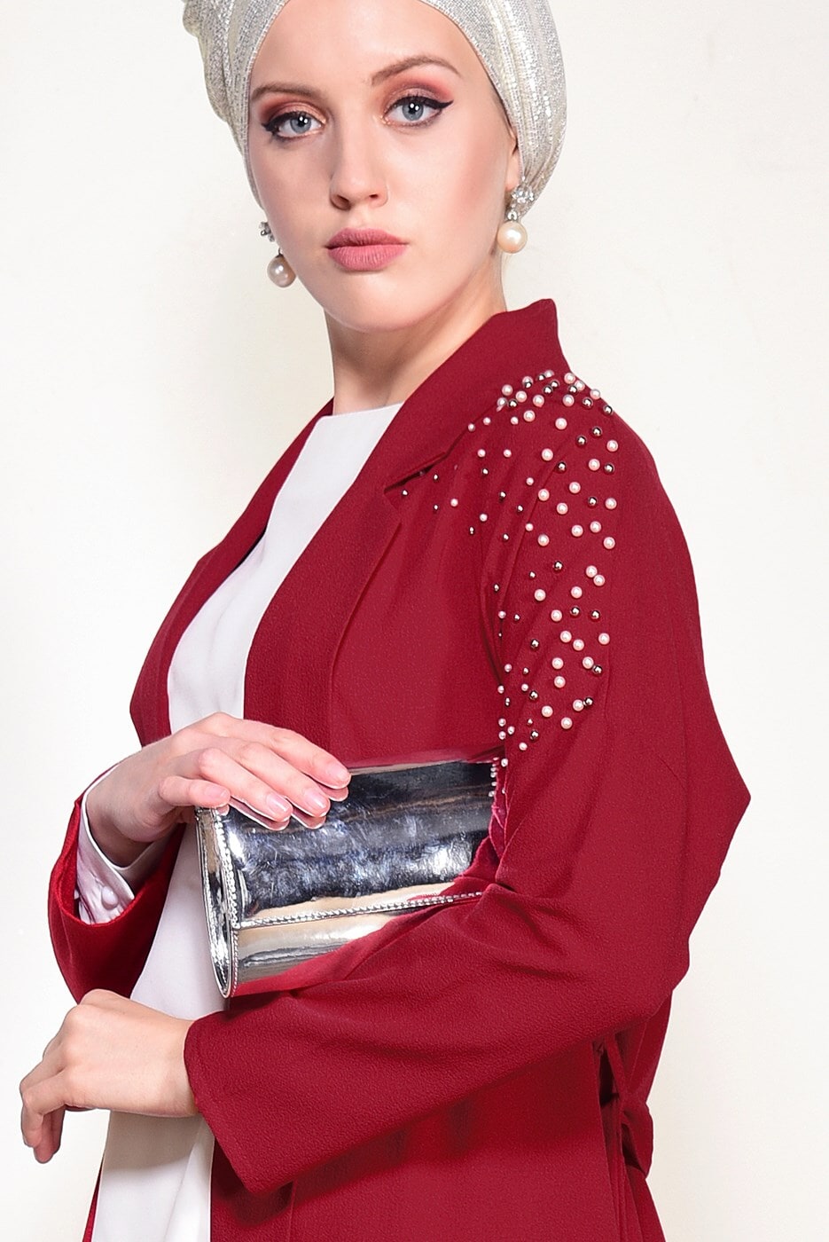 Tesettür giyim KIRMIZI BONCUK İŞLEMELİ CEKET 24751