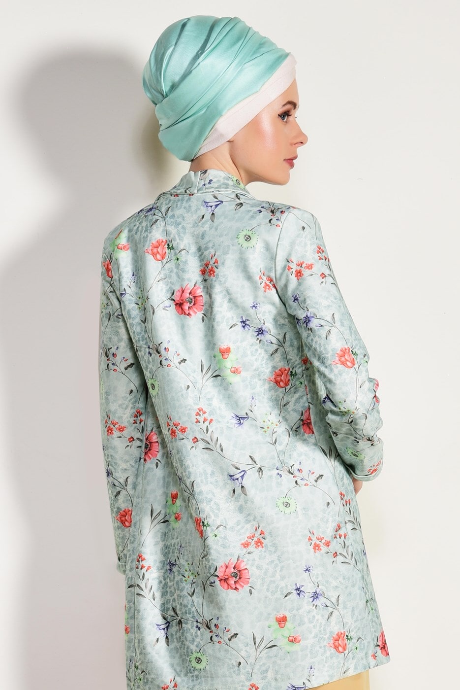 Tesettür giyim YEŞİL T 25201 Czb- Çiçek Desenli Ceket