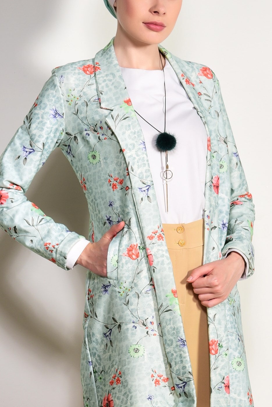 Tesettür giyim YEŞİL T 25201 Czb- Çiçek Desenli Ceket