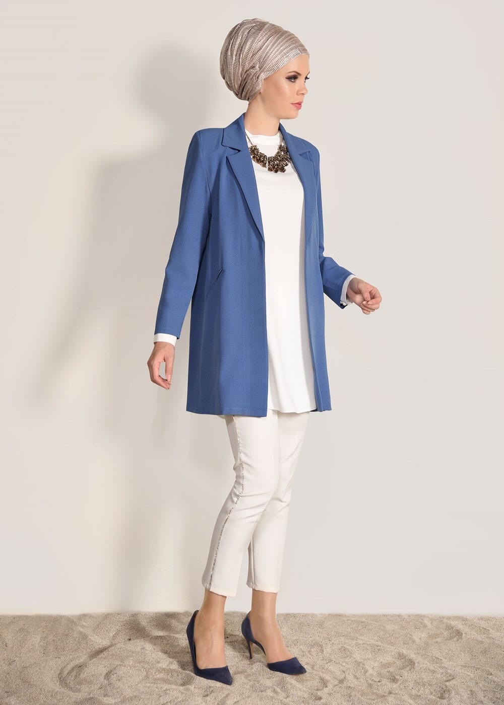 Tesettür giyim MAVİ FİLETOLU CEKET 52941 