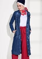 Tesettür giyim LACİVERT BAĞCIK DETAYLI DENİM CEKET 0215  