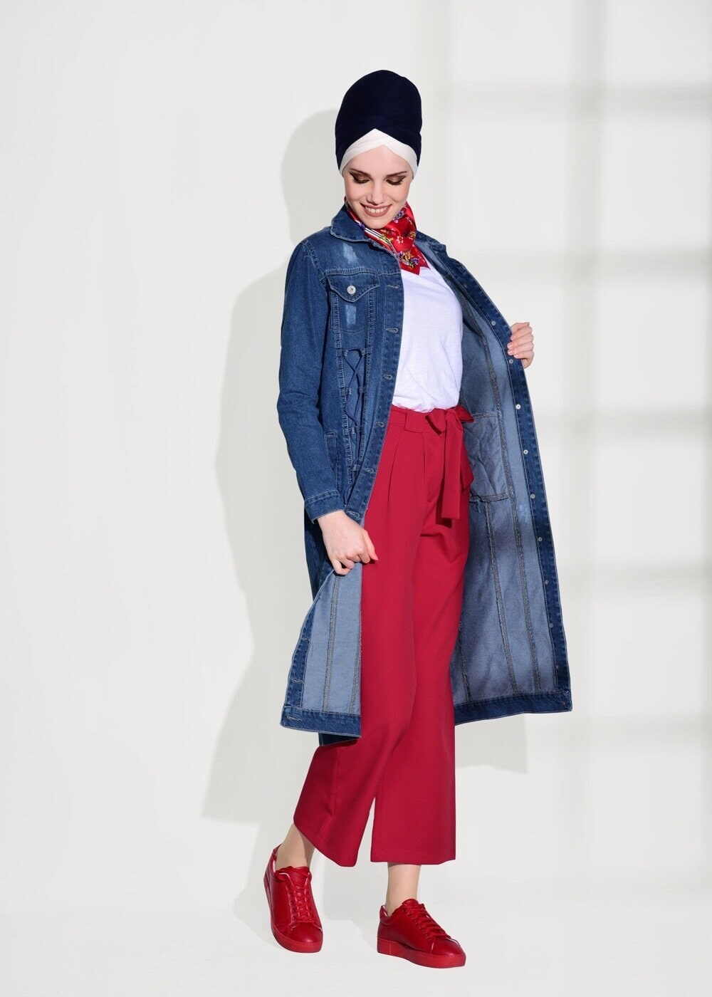 Tesettür giyim LACİVERT BAĞCIK DETAYLI DENİM CEKET 0215  