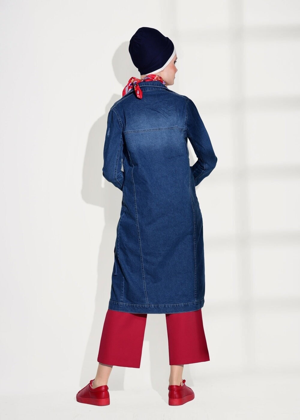 Tesettür giyim LACİVERT BAĞCIK DETAYLI DENİM CEKET 0215  