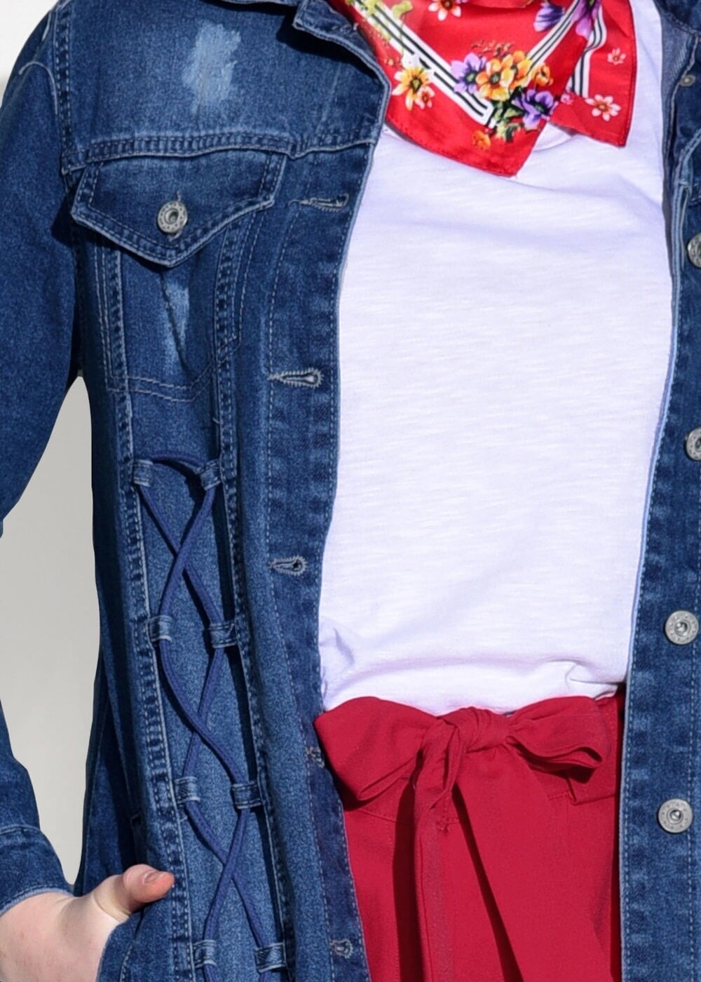 Tesettür giyim LACİVERT BAĞCIK DETAYLI DENİM CEKET 0215  