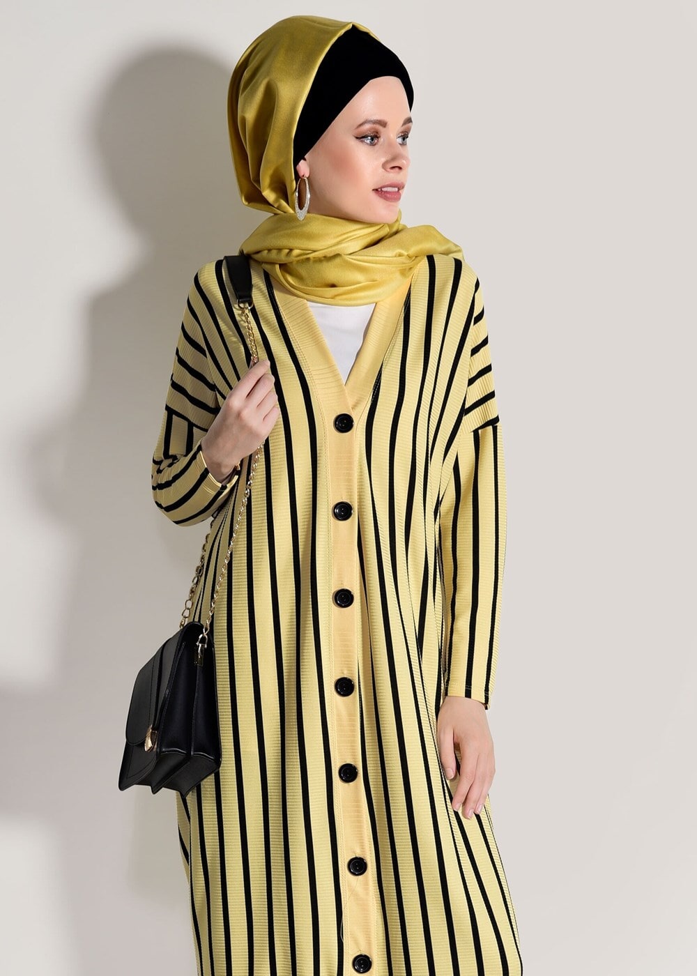 Vêtements hijab JAUNE VESTE À RAYURES À BOUTONS 1146