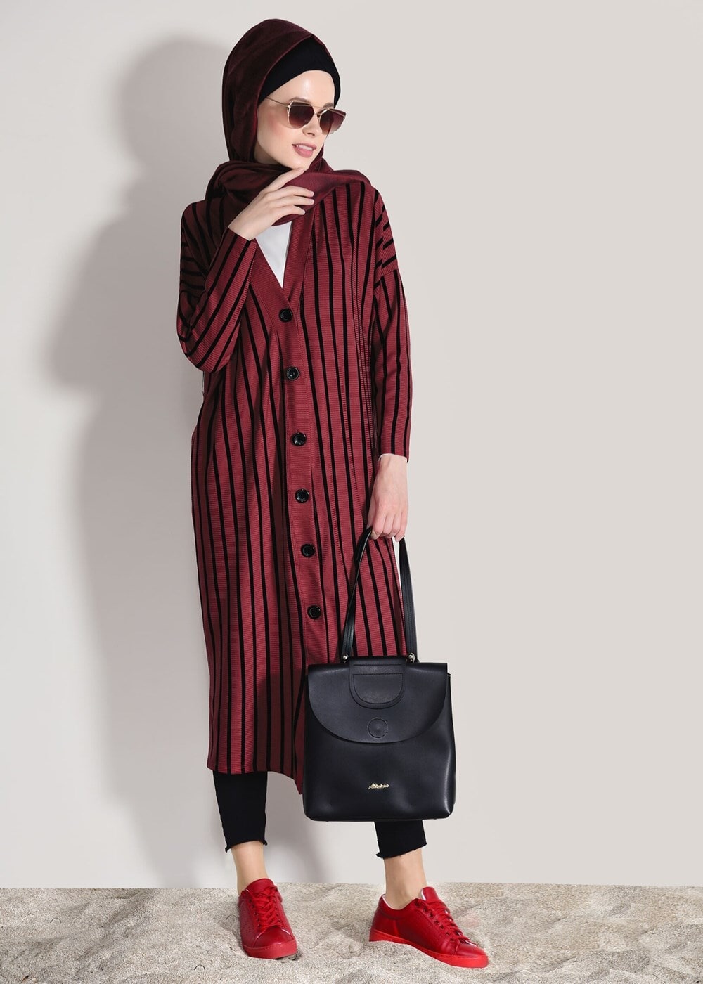 Tesettür giyim BORDO ÇİZGİLİ DÜĞMELİ CEKET 1146 