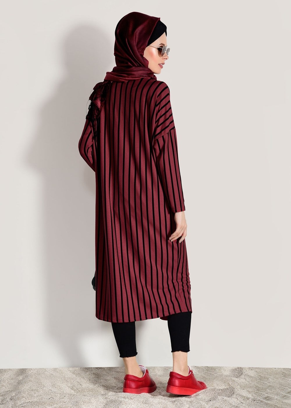 Tesettür giyim BORDO ÇİZGİLİ DÜĞMELİ CEKET 1146 