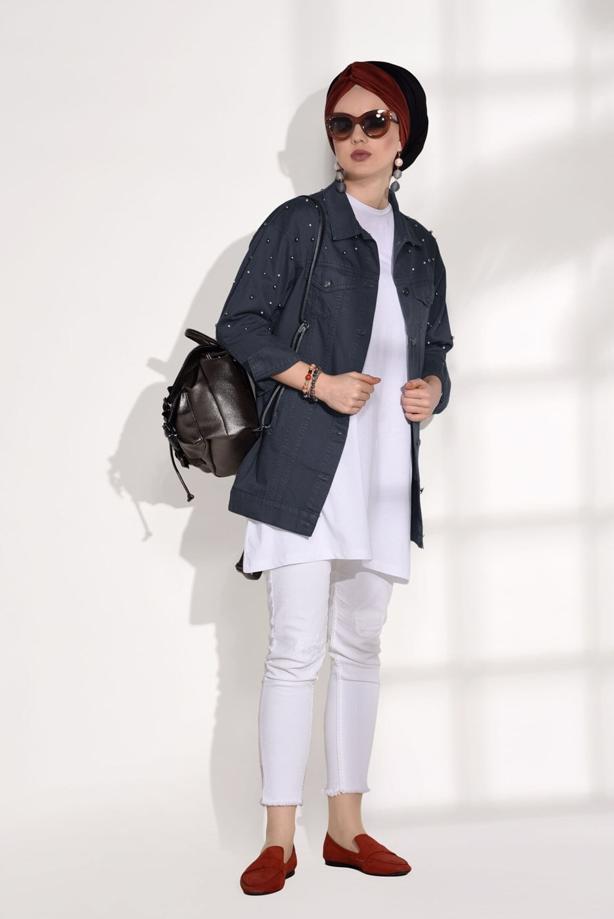 Tesettür giyim  İNCİ DETAYLI DENİM CEKET 2226 - TRENDTESETTÜR