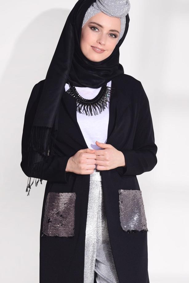 Hijab clothing  SEQUINED POCKET DETAIL CARDIGAN 4494  - TRENDTESETTÜR