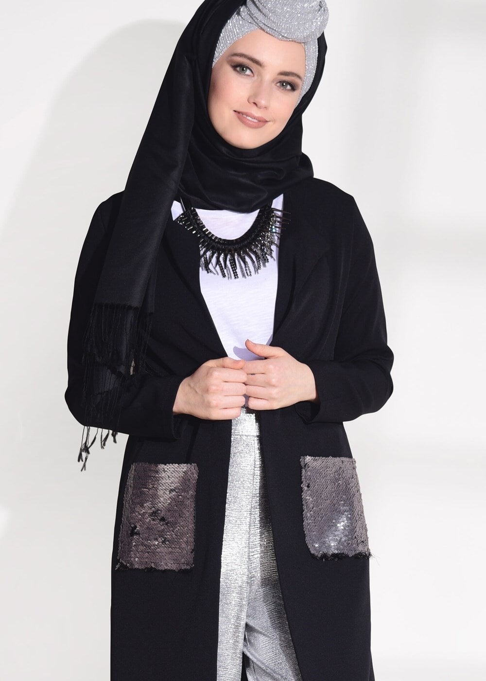 Hijab clothing BLACK SEQUINED POCKET DETAIL CARDIGAN 4494 