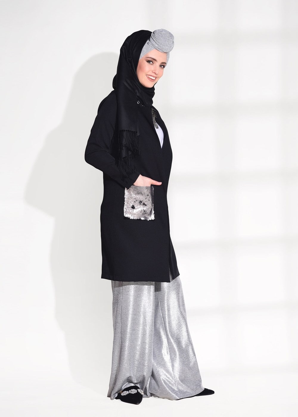 Hijab clothing BLACK SEQUINED POCKET DETAIL CARDIGAN 4494 