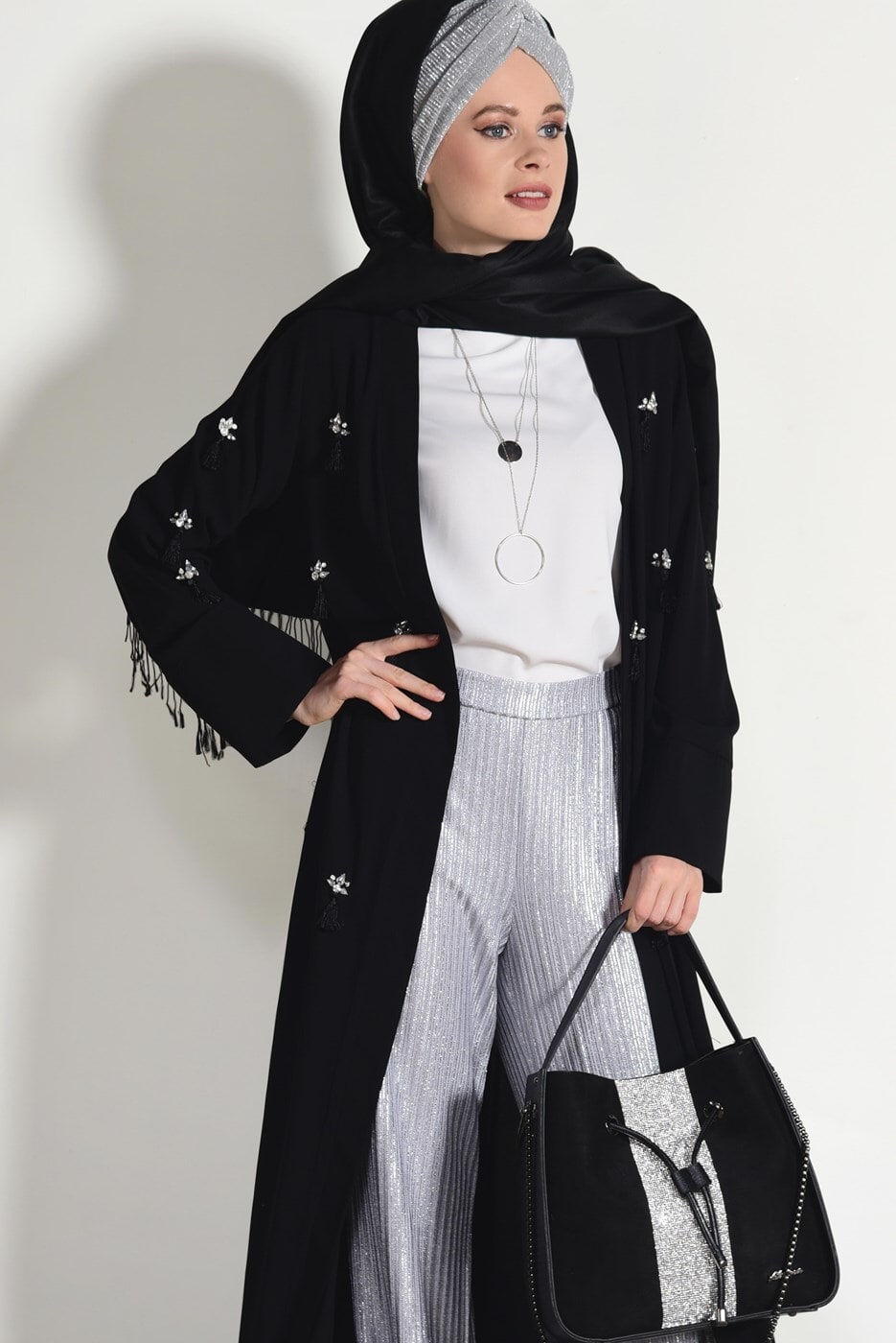 Vêtements hijab NOIR CARDIGAN BOOTH AVEC FRANGES 5096