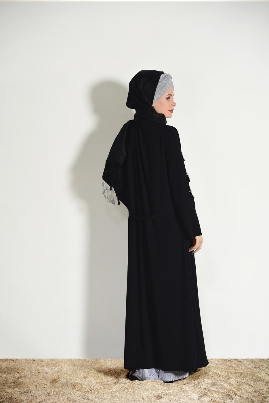 Vêtements hijab NOIR CARDIGAN BOOTH AVEC FRANGES 5096
