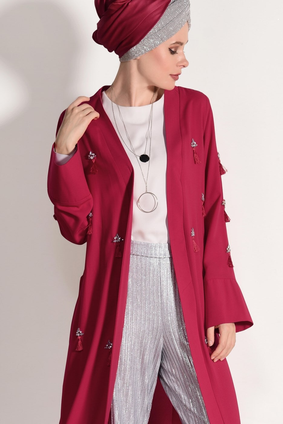 Hijab clothing RED FRINGE DETAIL BOOTH CARDIGAN 5096 