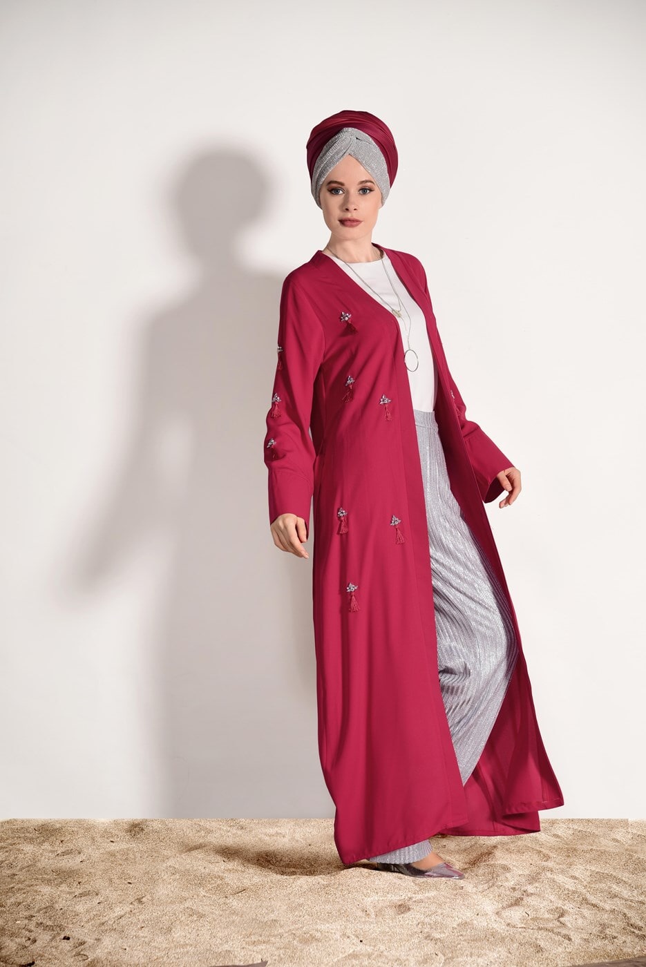 Hijab clothing RED FRINGE DETAIL BOOTH CARDIGAN 5096 