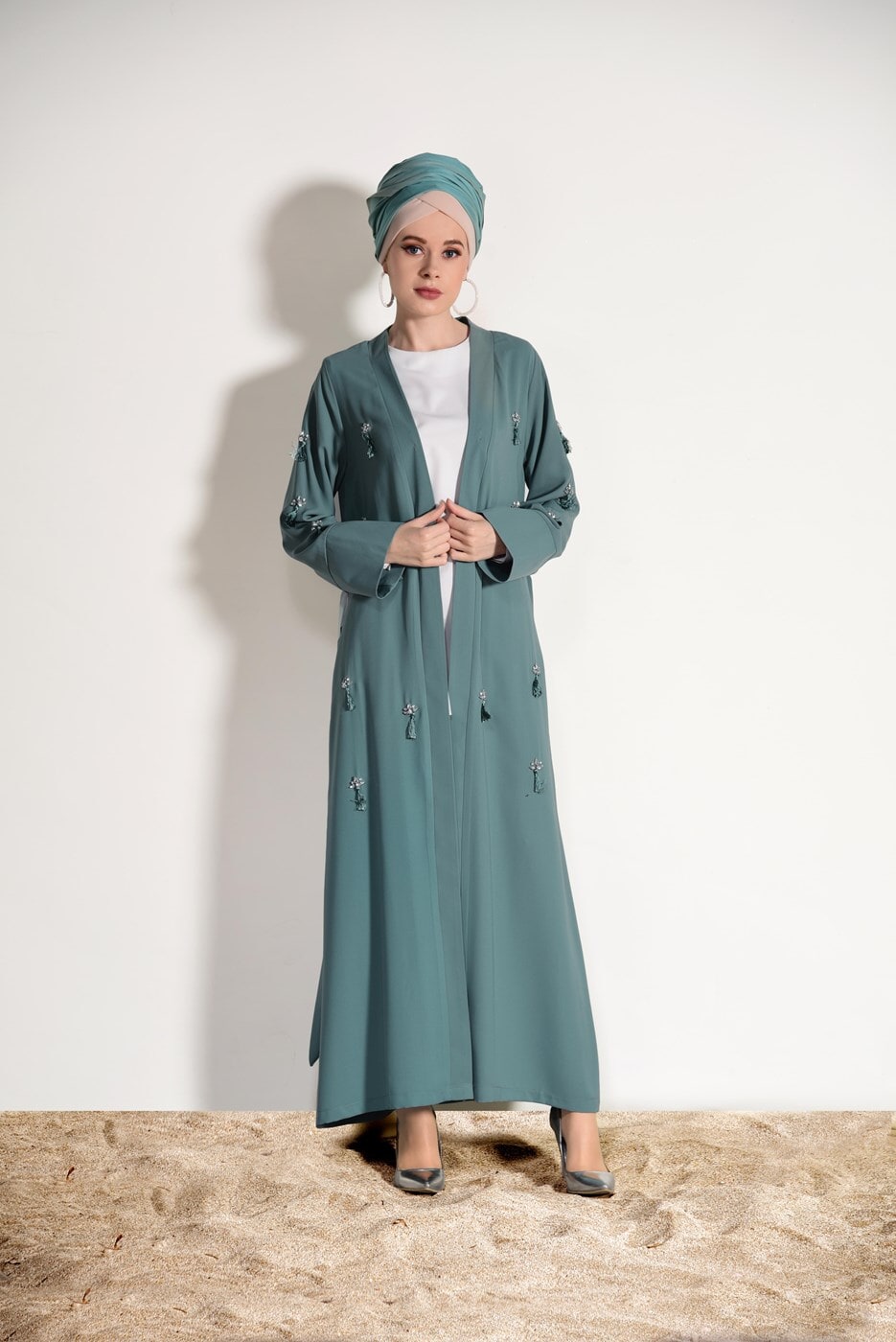 Vêtements hijab VERT CARDIGAN BOOTH AVEC FRANGES 5096