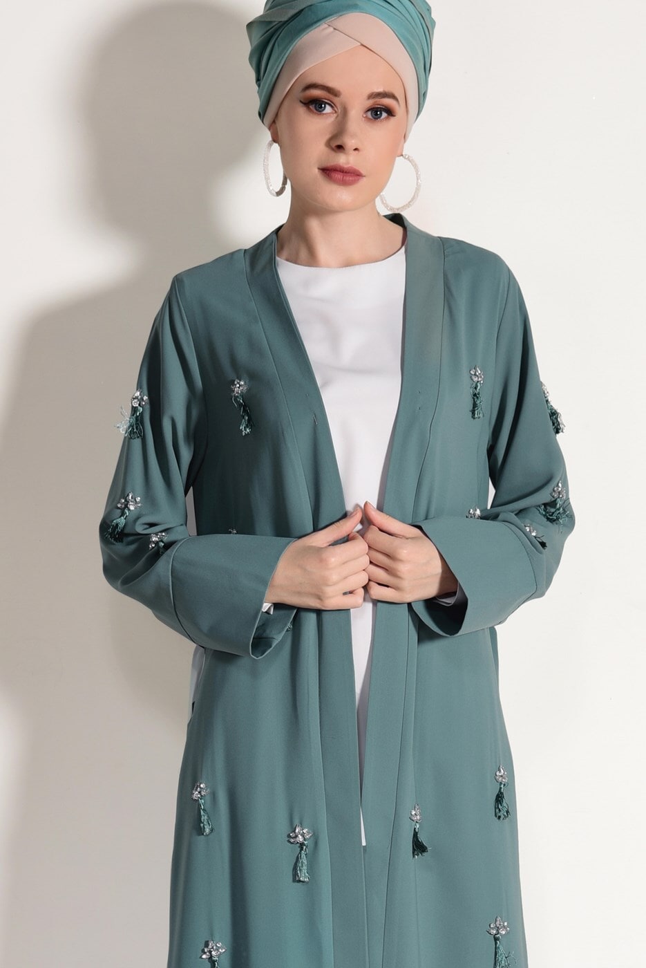 Vêtements hijab VERT CARDIGAN BOOTH AVEC FRANGES 5096