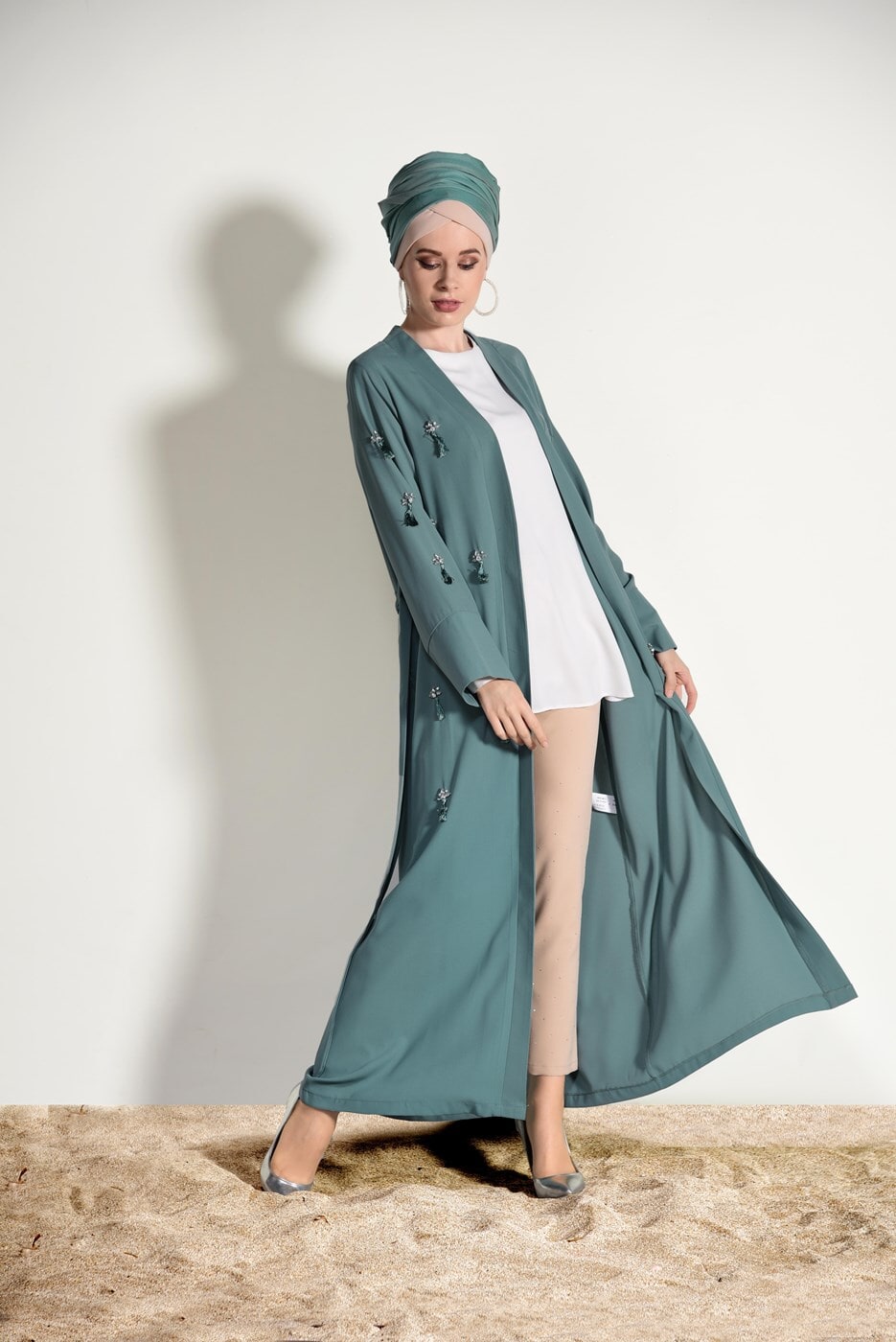 Vêtements hijab VERT CARDIGAN BOOTH AVEC FRANGES 5096