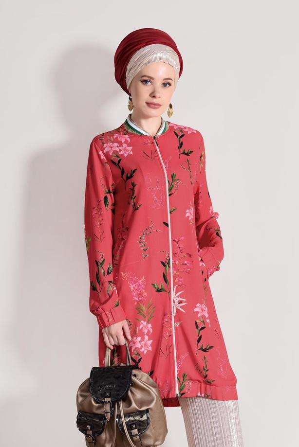 Tesettür giyim  T 6417 Zamane-Çiçek Desenli Ceket - TRENDTESETTÜR