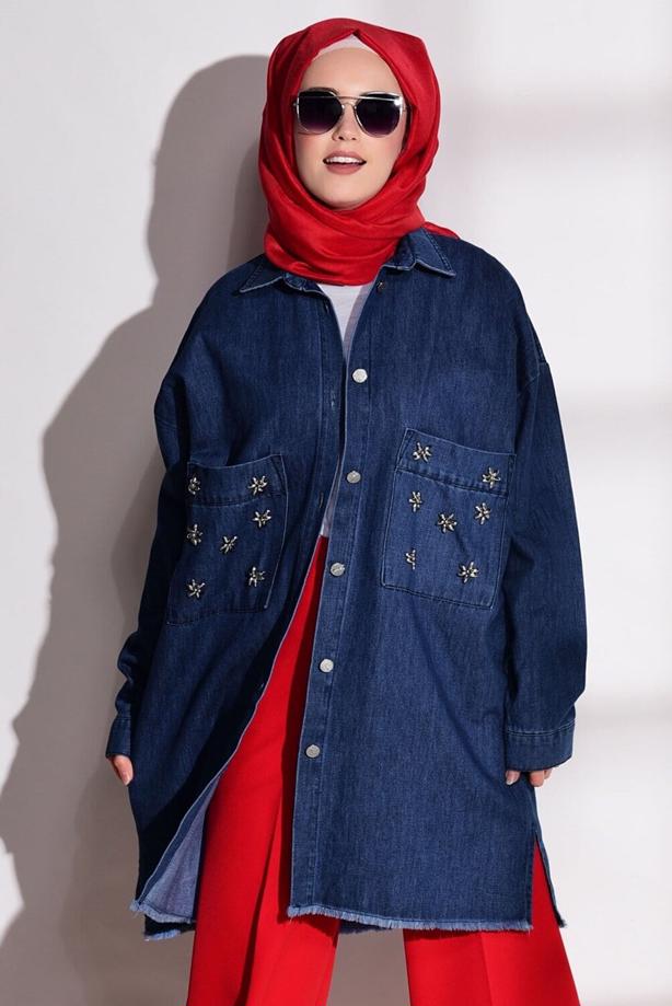 Tesettür giyim  BONCUK DETAYLI CEPLİ DENİM CEKET 6426   - TRENDTESETTÜR