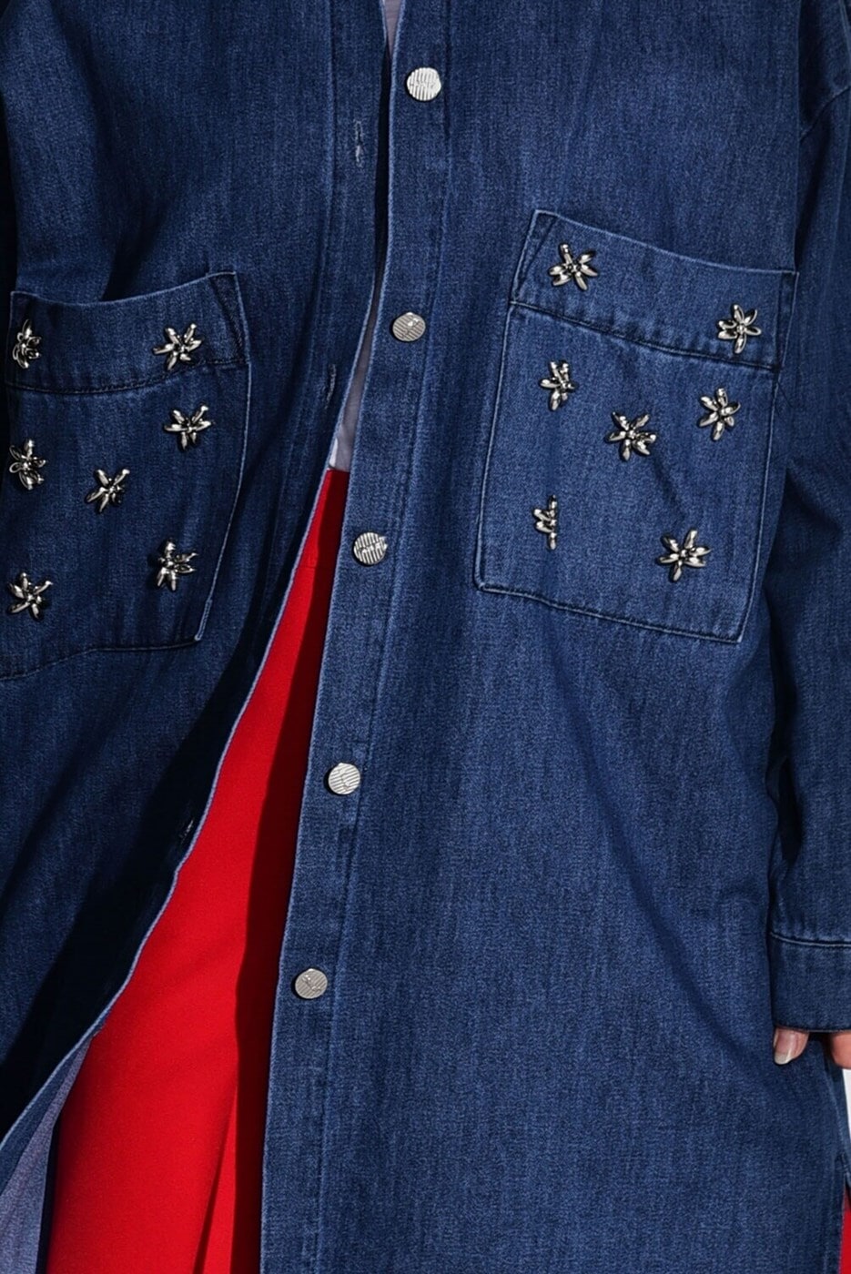 Tesettür giyim LACİVERT BONCUK DETAYLI CEPLİ DENİM CEKET 6426  