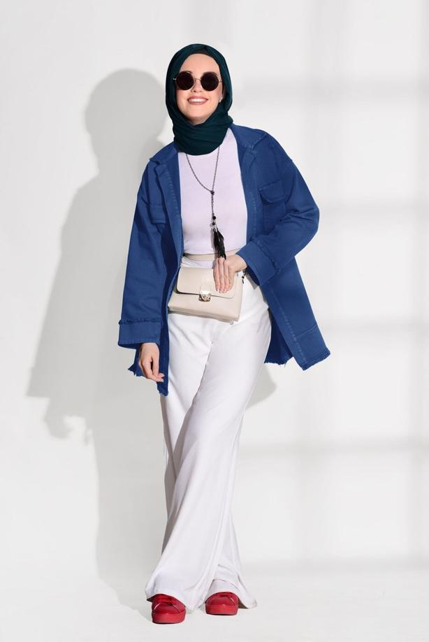 Tesettür giyim  PÜSKÜL DETAYLI DENİM CEKET 8126 - TRENDTESETTÜR