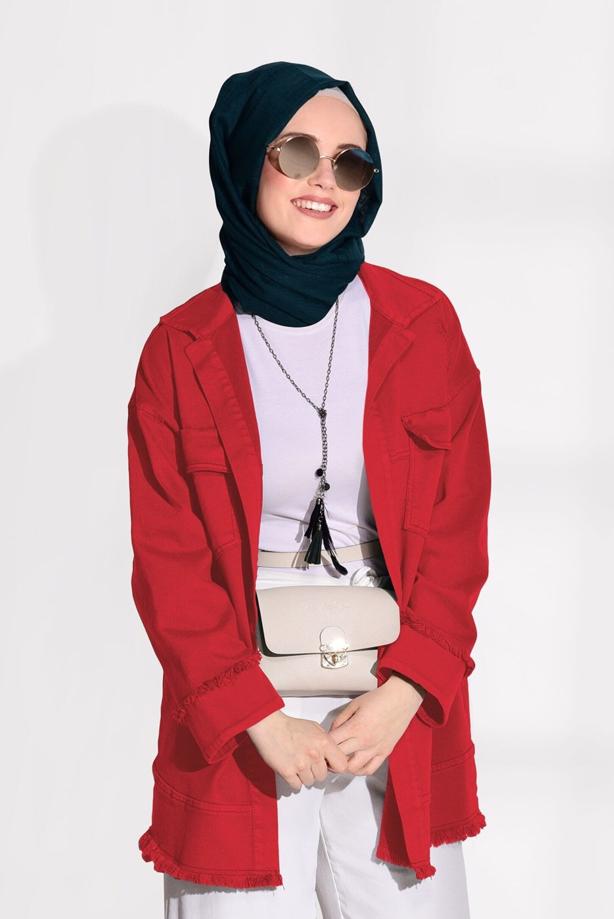 Tesettür giyim  PÜSKÜL DETAYLI DENİM CEKET 8126 - TRENDTESETTÜR