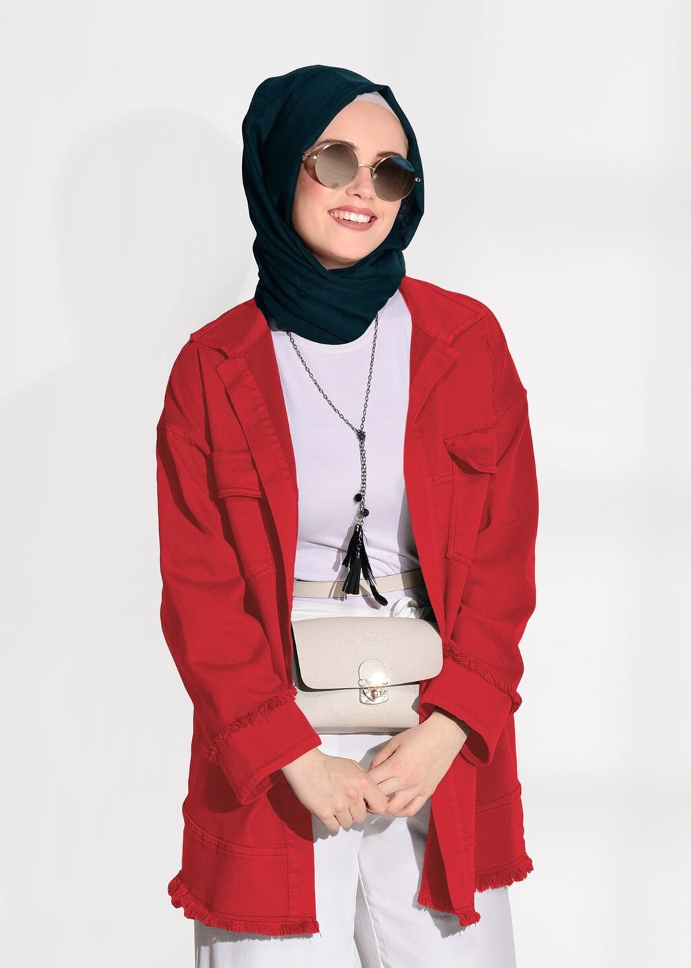 Tesettür giyim KIRMIZI PÜSKÜL DETAYLI DENİM CEKET 8126