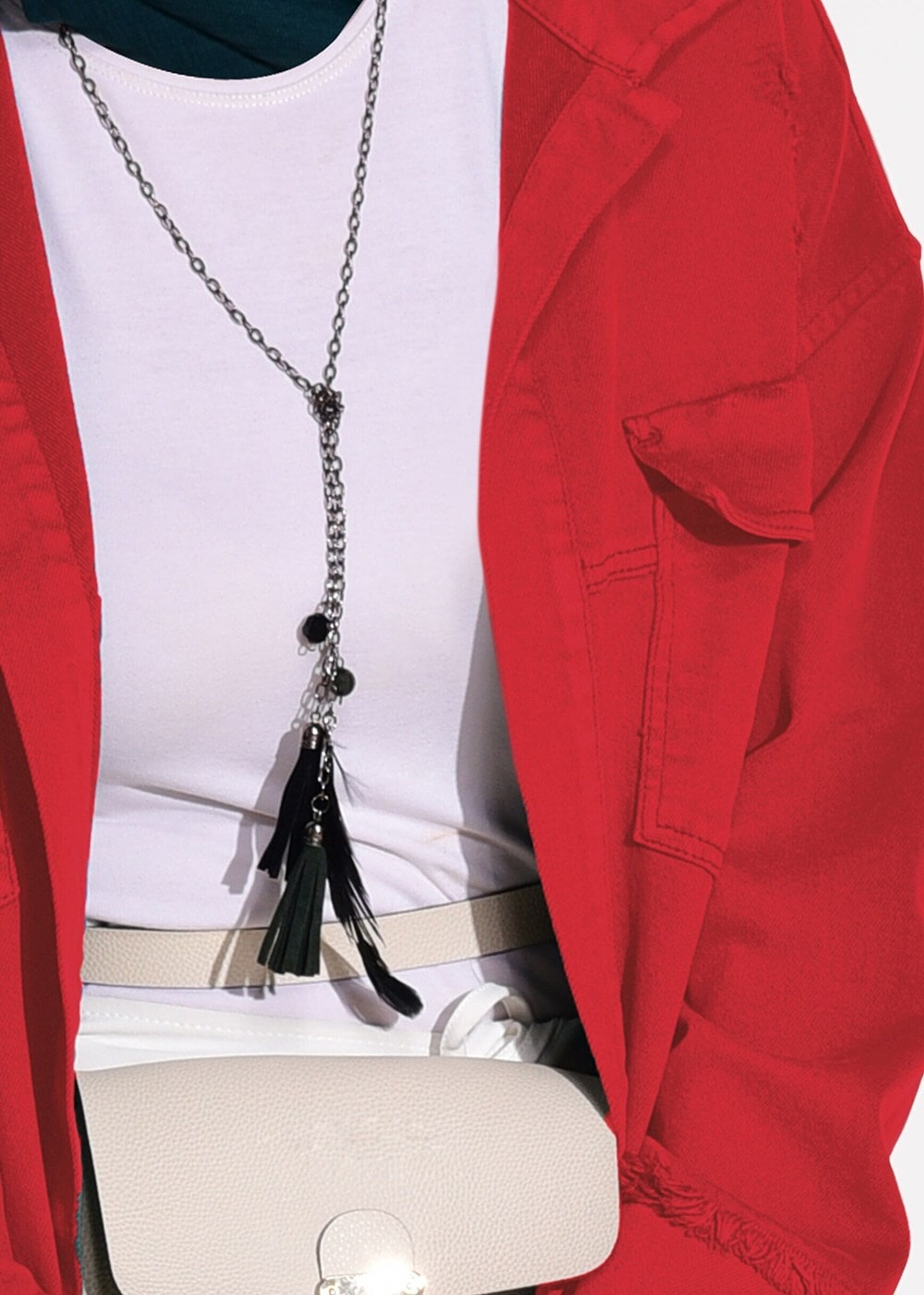 Tesettür giyim KIRMIZI PÜSKÜL DETAYLI DENİM CEKET 8126