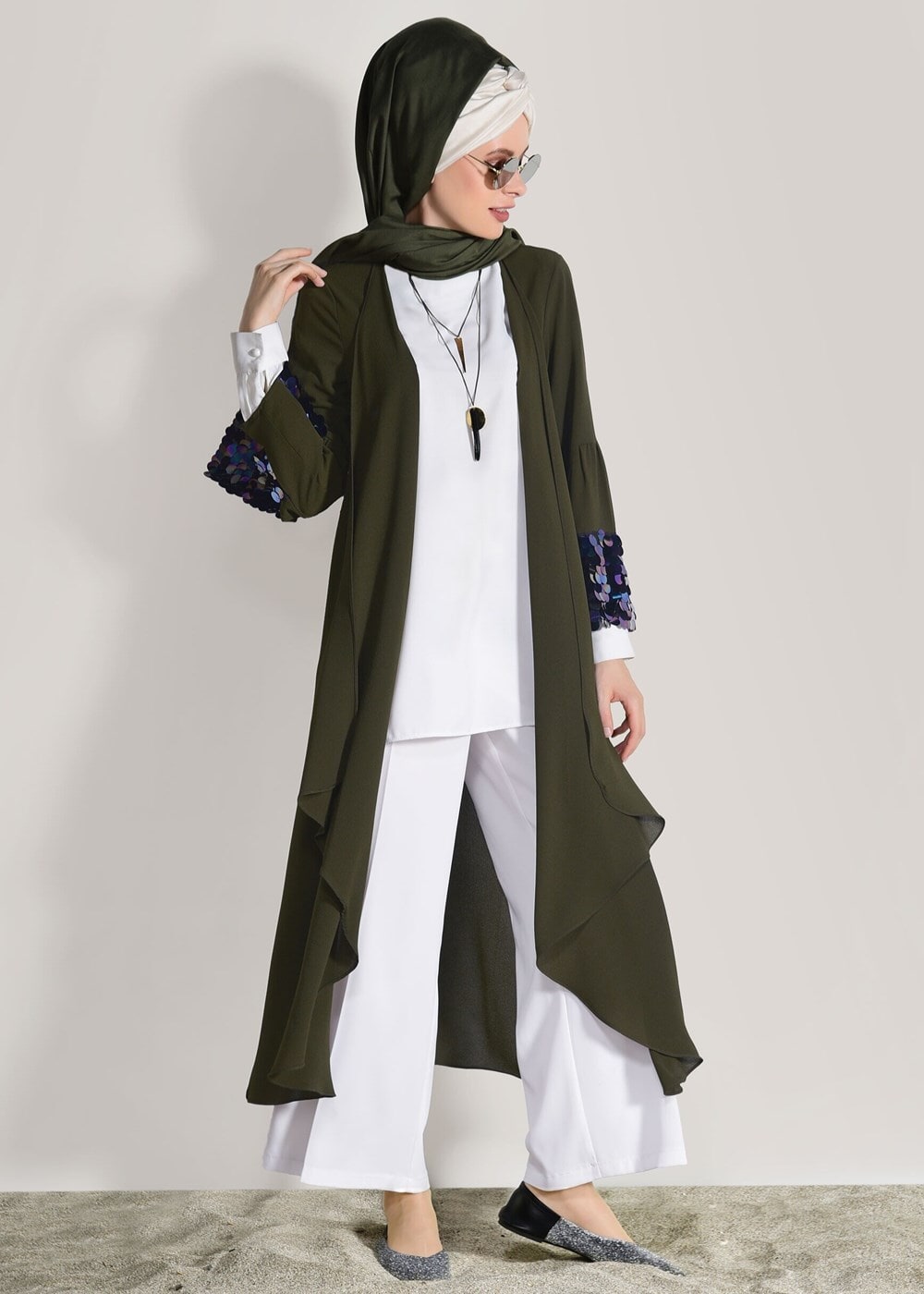 Tesettür giyim HAKİ KOLLARI BÜZGÜ DETAYLI PUL PAYETLİ CEKET 9658 