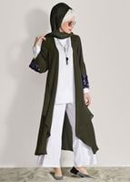 Tesettür giyim HAKİ KOLLARI BÜZGÜ DETAYLI PUL PAYETLİ CEKET 9658 