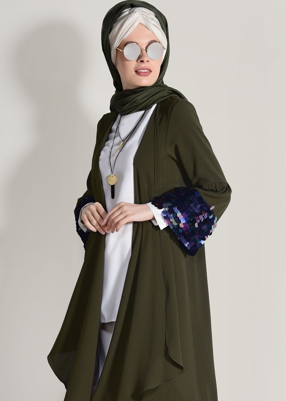 Tesettür giyim HAKİ KOLLARI BÜZGÜ DETAYLI PUL PAYETLİ CEKET 9658 