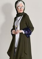 Tesettür giyim HAKİ KOLLARI BÜZGÜ DETAYLI PUL PAYETLİ CEKET 9658 