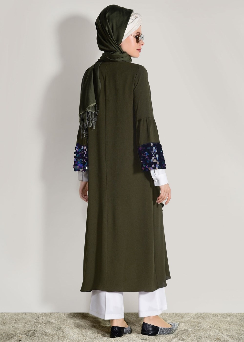 Tesettür giyim HAKİ KOLLARI BÜZGÜ DETAYLI PUL PAYETLİ CEKET 9658 