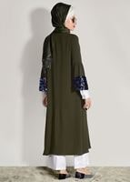 Tesettür giyim HAKİ KOLLARI BÜZGÜ DETAYLI PUL PAYETLİ CEKET 9658 