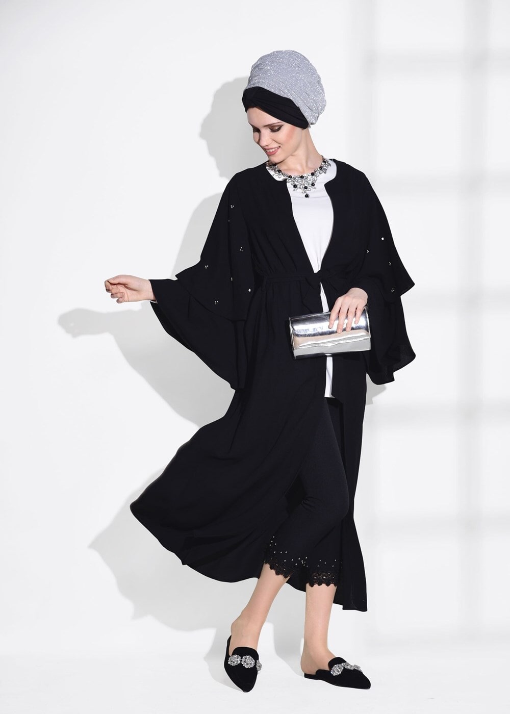 Tesettür giyim SİYAH T 9775 Asmiray-Fırfır Detaylı Salaş Ceket