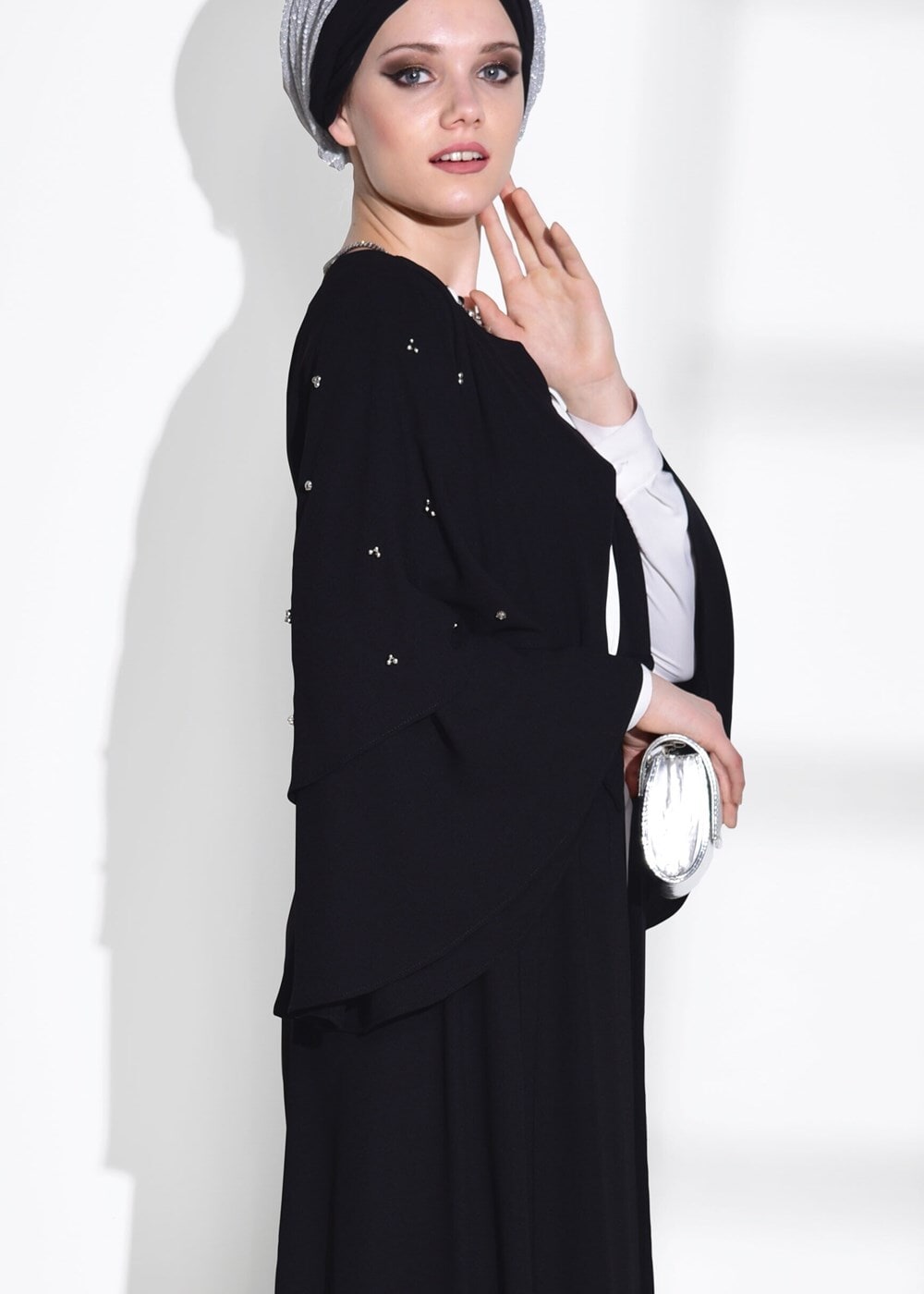 Tesettür giyim SİYAH T 9775 Asmiray-Fırfır Detaylı Salaş Ceket