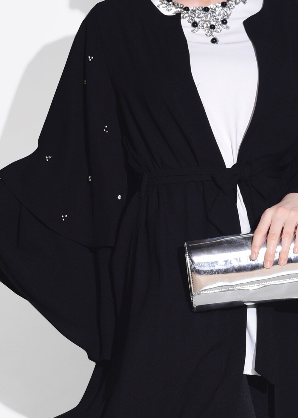 Tesettür giyim SİYAH T 9775 Asmiray-Fırfır Detaylı Salaş Ceket