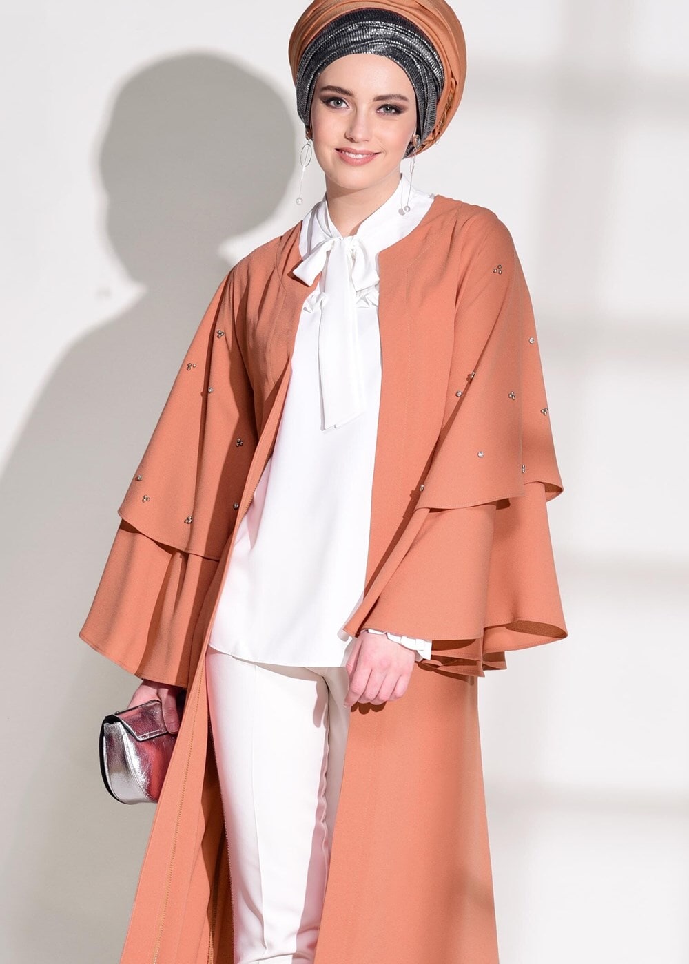 Tesettür giyim PEMBE T 9775 Asmiray-Fırfır Detaylı Salaş Ceket