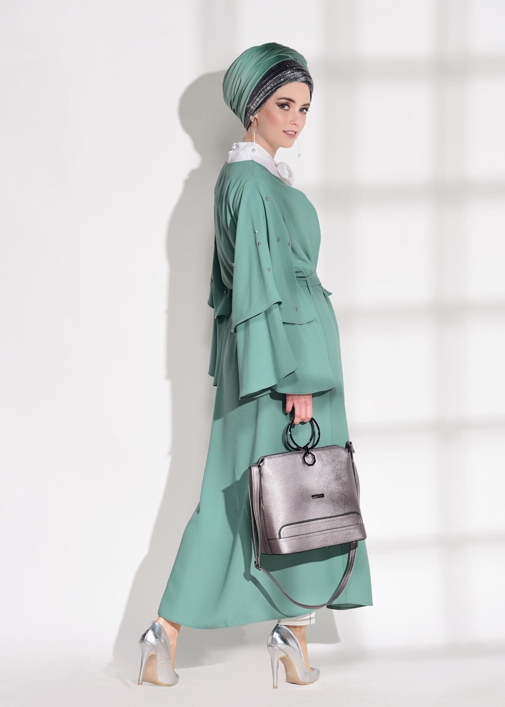 Tesettür giyim YEŞİL T 9775 Asmiray-Fırfır Detaylı Salaş Ceket