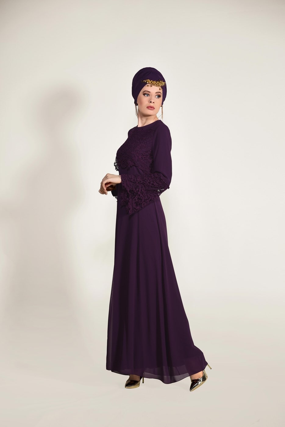 Tesettür giyim MÜRDÜM GÜPÜR DETAYLI ELBİSE 07625 