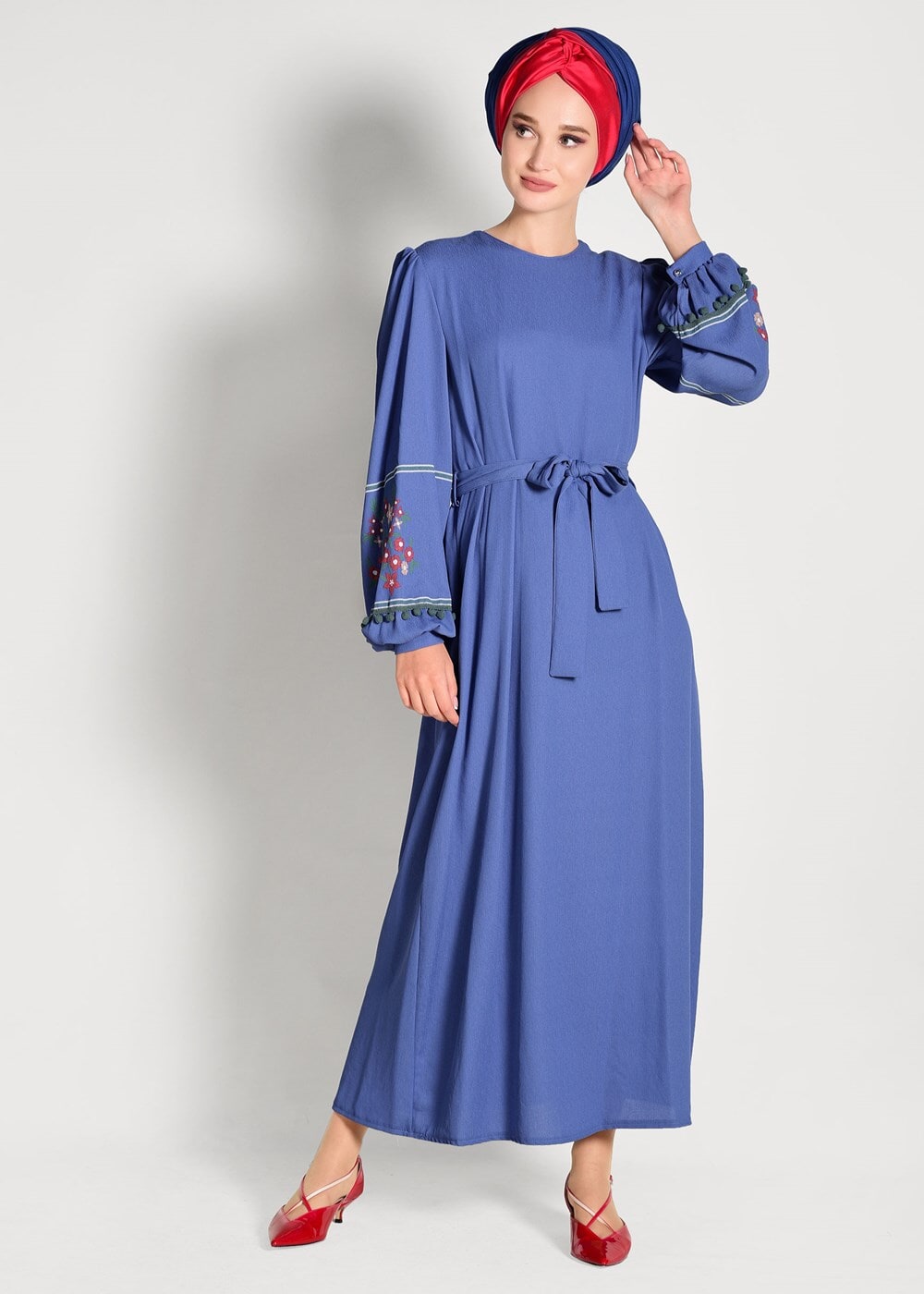 Tesettür giyim LACİVERT KOLLARI ÇİÇEK DESENLİ ELBİSE 86071 