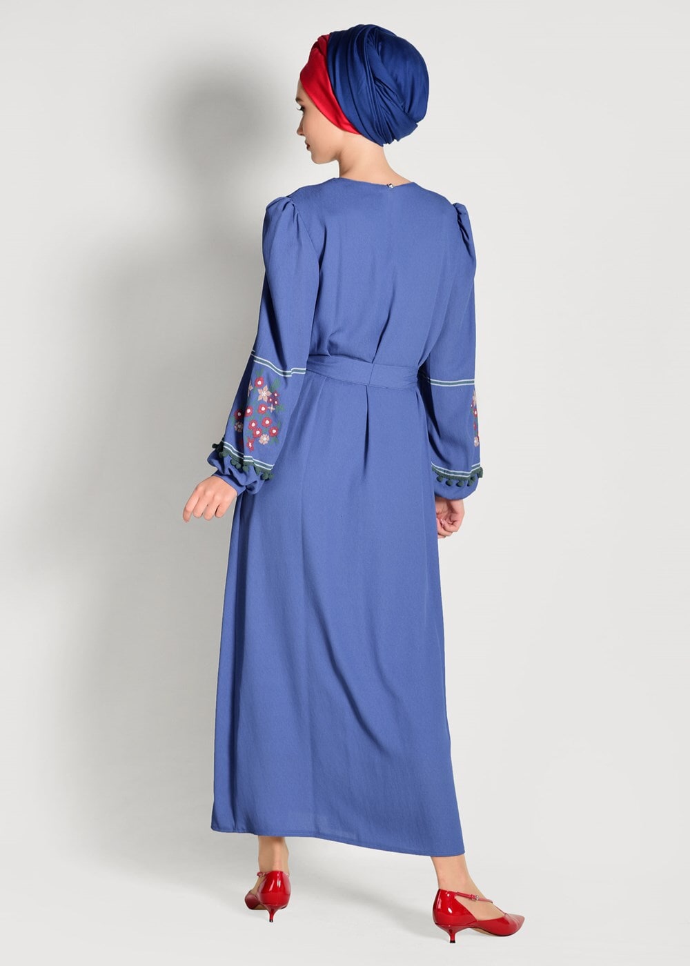 Tesettür giyim LACİVERT KOLLARI ÇİÇEK DESENLİ ELBİSE 86071 