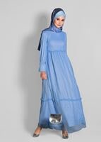 Tesettür giyim MAVİ  ETEK UCU İNCİLİ TESETTÜR TÜL ELBİSE 1693