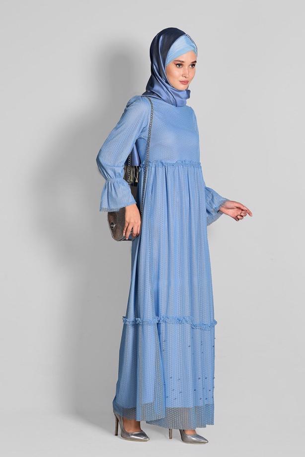 Tesettür giyim   ETEK UCU İNCİLİ TESETTÜR TÜL ELBİSE 1693 - TRENDTESETTÜR