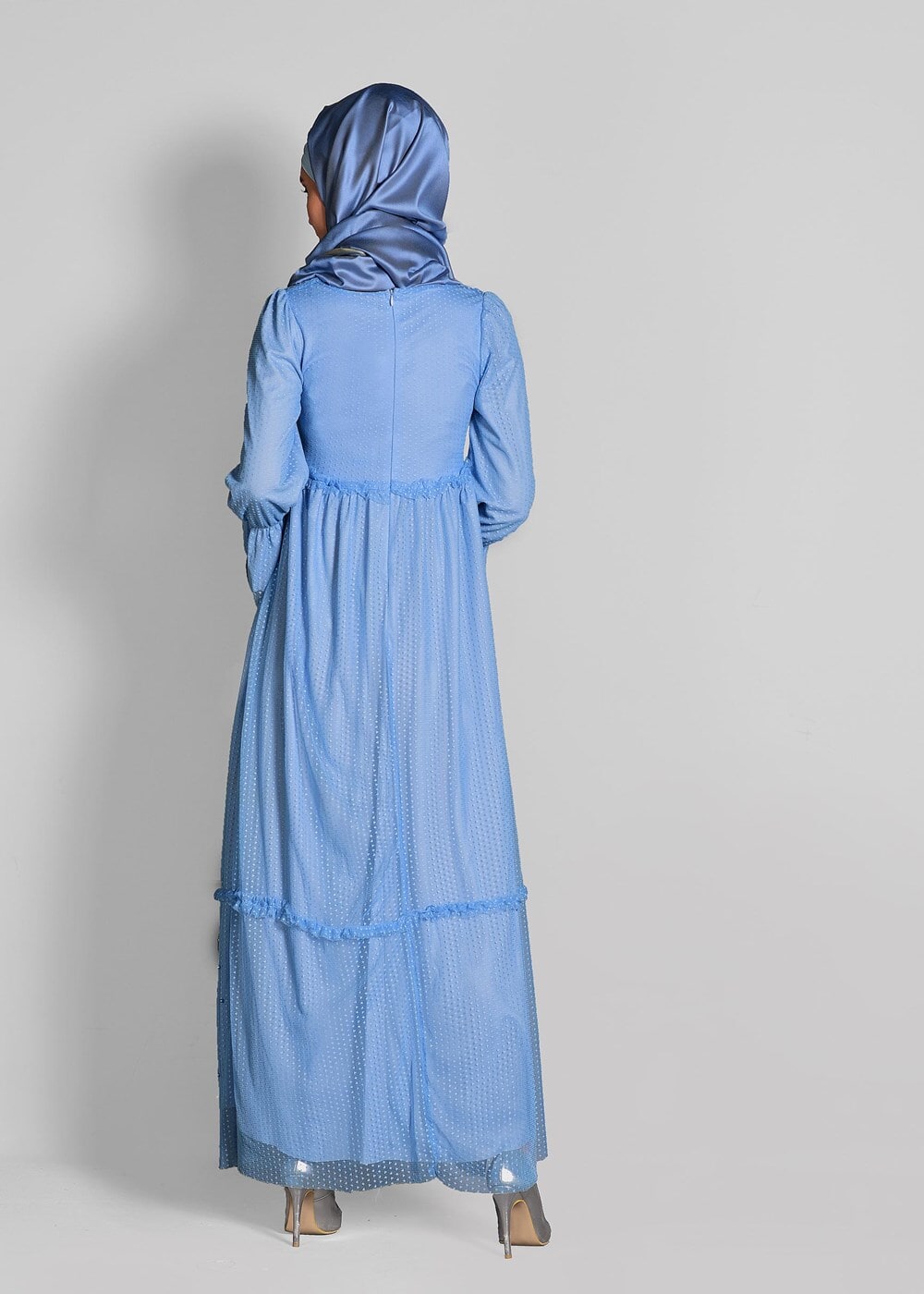 Tesettür giyim MAVİ  ETEK UCU İNCİLİ TESETTÜR TÜL ELBİSE 1693