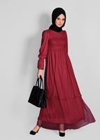 Tesettür giyim KIRMIZI  ETEK UCU İNCİLİ TESETTÜR TÜL ELBİSE 1693